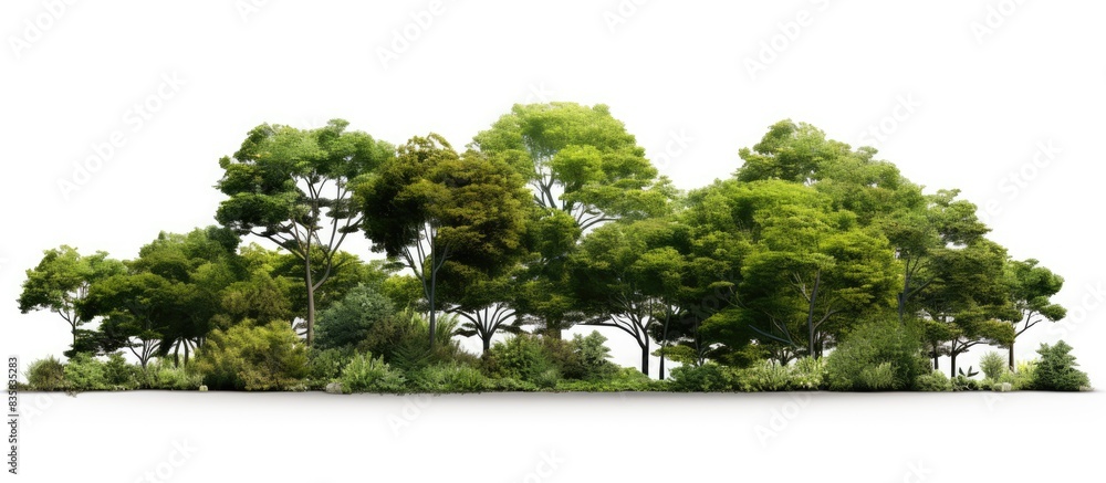 Poster a row of trees and shrubs isolated on a white background, showing a forest scene with luscious green