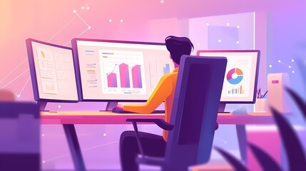 worker sitting in office computer, flat vector illustration, worker scene for online platform products and services.