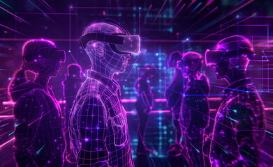 Obraz premium An abstract representation of a virtual reality classroom, with students and a teacher depicted as glowing purple outlines, immersed in a digital environment, on a dark background, with ample space.