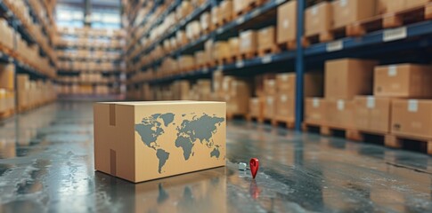 Cardboard box with world map in warehouse