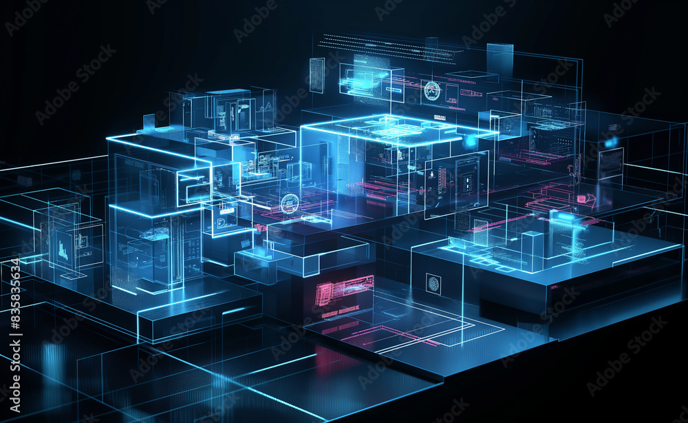 Aufkleber an abstract digital representation of a data center, with glowing lines outlining servers and networ
