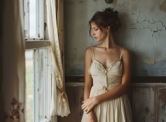 Naklejka premium portrait of a beautiful girl in front of a window