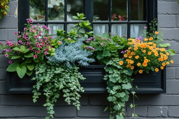 Fototapeta premium Window box flowers on brick wall