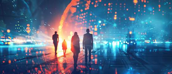 a group of people gathered at night, illuminated by a circular light display.