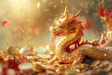 Obraz premium A close-up image of a red and gold dragons head with glittering beads floating around it.