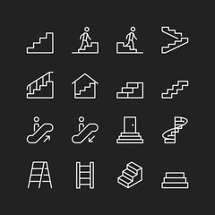 Steps icon set, white lines on black background. People climbing stairs, ladders. Multi-step structures with railings. Customizable line thickness