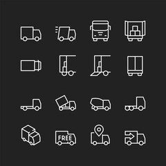 Truck icon set, white on black background. Various trucks for transporting goods/materials with different truck bodies. Customizable line thickness