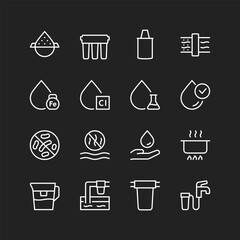Water treatment icons, white on black background. Treatment facilities, filtration stages, equipment. Removing impurities and hazards. Customizable line thickness