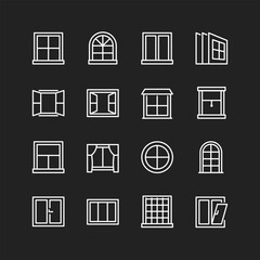 Window frame icons, white on black background. Various residential and commercial window shapes and styles. Classic and modern glazed openings. Customizable line thickness