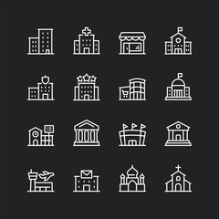 Public buildings icon set, white on black background. City infrastructure - residential, commercial, educational, institutional, religious edifices. Customizable line thickness