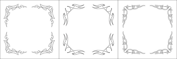 Set of three frames. Elegant black and white frame with Scandinavian ornament, decorative border, corners, isolated vector illustration.	
