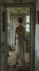 Naklejka premium A woman standing in a doorway with her back to the camera