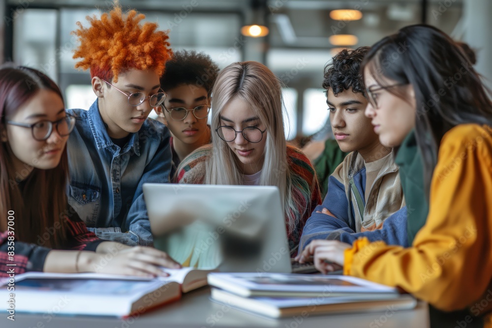 Poster in a modern study space, diverse students are engaged in teamwork on a project, using laptops and bo