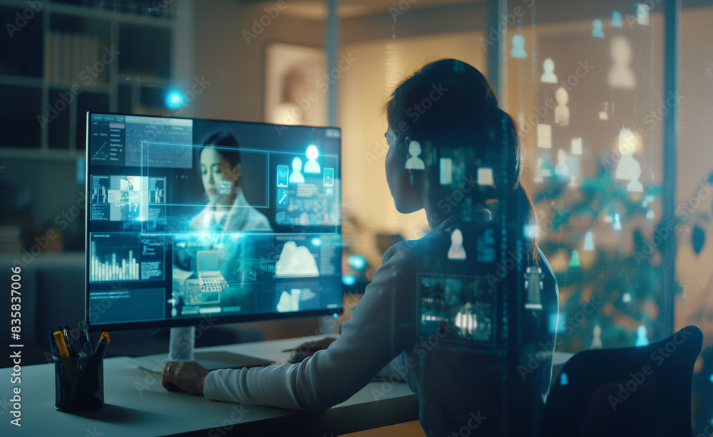 Poster woman working intently at her desk, interacting with a high-tech multi-screen setup displaying vario