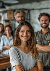 Fototapeta premium A group of people standing in an office environment smiling at the camera