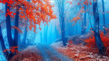 Beautiful mystical forest with enchanted trees in blue fog and vibrant autumn leaves on dreamy path