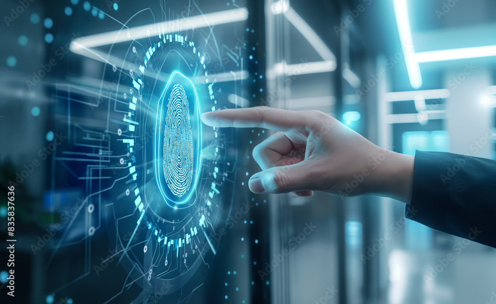 Poster a photorealistic depiction of a person interacting with a high-tech biometric security system, featu