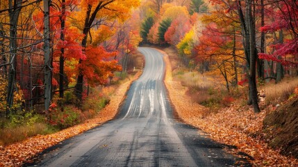 Obraz premium Scenic rural drive through vibrant autumn foliage in vermont countryside