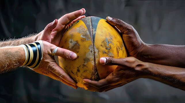 Hands from different ethnicities holding a rugby ball, capturing the spirit of inclusion and teamwork - Powered by Adobe