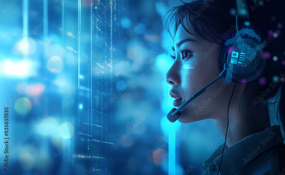 Poster customer service representative using voice biometrics to authenticate a caller, set against a clean