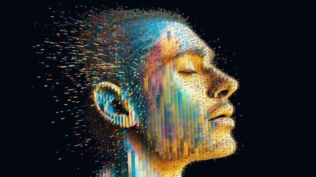 Digital portrait of a man made with cityscape pixel mosaic. Close up of human face made up colorful pixel with abstract art pattern. Concept art for music album cover and technology theme. AIG35.
