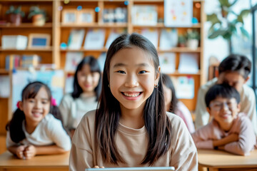 Happy children using tablets in a colorful classroom, engaged in educational activities.