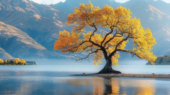 Serene tree growing in the tranquil waters of lake wanaka, new zealand, captured during sunset with reflective sky