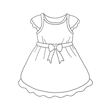 recommend clip art: Little girls dress with fluffy skirt outline for coloring on a white background