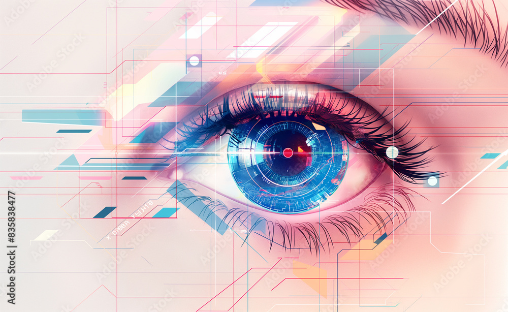 Poster mesmerizing view of a human eye, intricately overlaid with glowing neon circuit patterns, reflecting