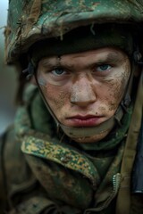 Fototapeta premium Portrait of a young soldier with mud on his face
