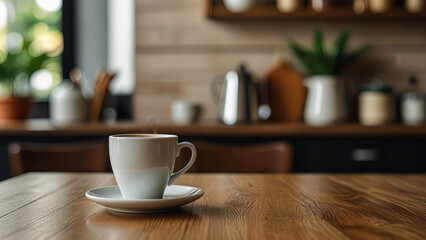 Obraz premium Wooden table top with hot cup of coffee on blurred kitchen, restaurant or bar interior background with copy space.