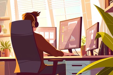 worker sitting in office computer, flat vector illustration, worker scene for online platform products and services.