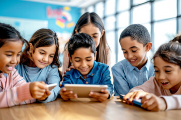 Diverse children engaged with tablets in an interactive classroom.