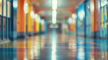 Brightly colored blurred school hallway