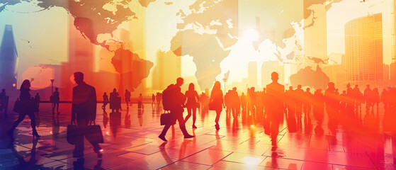 Business people walking in a modern city with a world map in the background