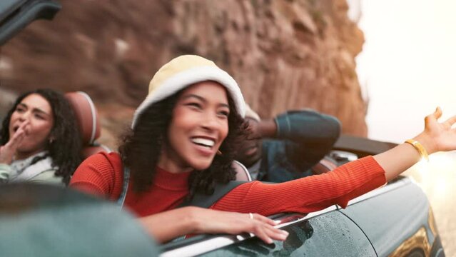 Friends, freedom or car for road trip, dancing or travel on holiday adventure or group vacation. Happy, diversity and people in vehicle together on journey, destination or tourism as gen z in Spain