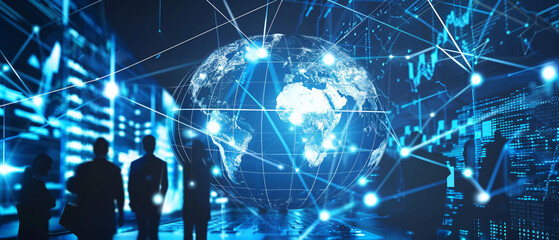 Fototapeta premium A digital representation of global connectivity, featuring a networked world map and silhouettes of people, ideal for topics on globalization, technology, and digital transformation