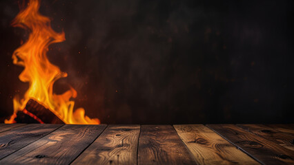 Empty dark wooden surface on blurred background with burning fire and smoke. Mock up with copy space. Template showcase scene for display, montage, advertising product.