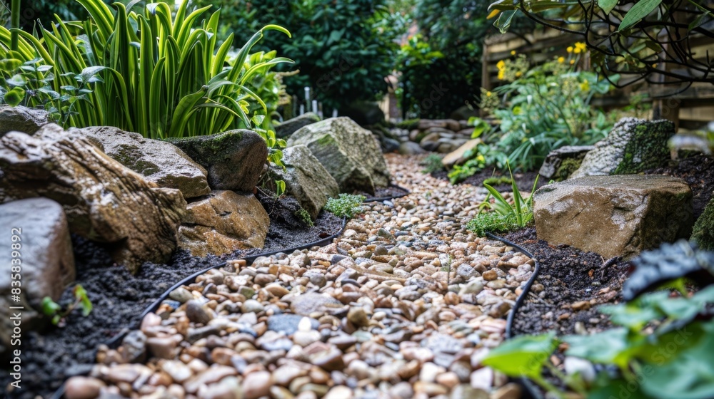 Poster a small ditch lined with pebbles and large rocks curves through a garden designed to catch and redir