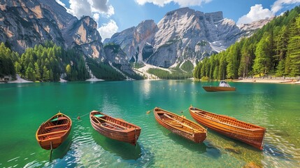 Scenic boats on braies lake surrounded by majestic dolomites mountains in sudtirol, italy – tranquil landscape with clear blue waters and alpine backdrop