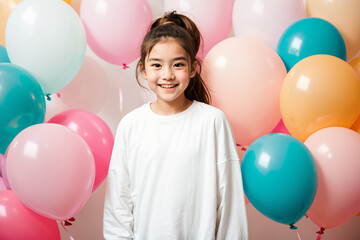 Obraz premium Sweatshirt Mockup, Girl Mockup, Young Teen girl wearing white sweatshirt on colorful balloons party Background. AI generated art.