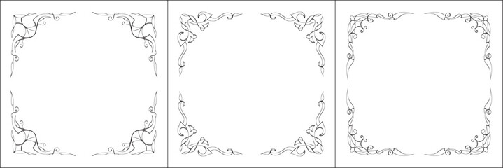 Set of three vector frames. Elegant black and white monochrome ornamental border for greeting cards, banners, invitations. Vector frame for all sizes and formats. Isolated vector illustration.	