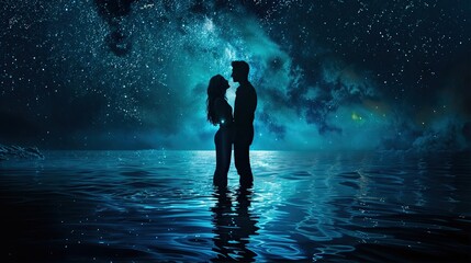 Fototapeta premium A couple is standing in the ocean, facing each other under the stars