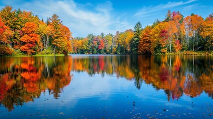 Fototapeta premium Stunning reflection of vibrant autumn foliage in tranquil pond water on a clear fall day