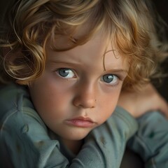 Portrait of a young boy with curly blond hair and blue eyes