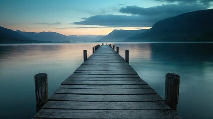 Fototapeta premium A long wooden dock stretches out into a lake surrounded by mountains