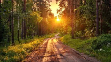 Scenic country road surrounded by lush green woods at sunset in tranquil rural setting