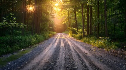 Fototapeta premium Scenic country road surrounded by lush green woods at sunset in tranquil rural setting
