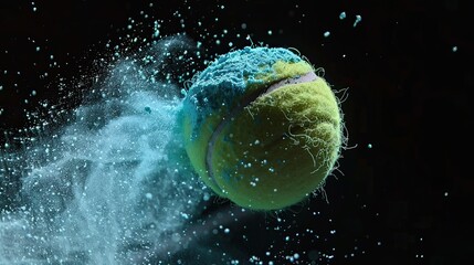 Dynamic freeze motion shot of a tennis ball enveloped in light blue powder, with a black background