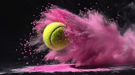 Dynamic freeze motion capture of a tennis ball enveloped in a cloud of pink powder, isolated on black